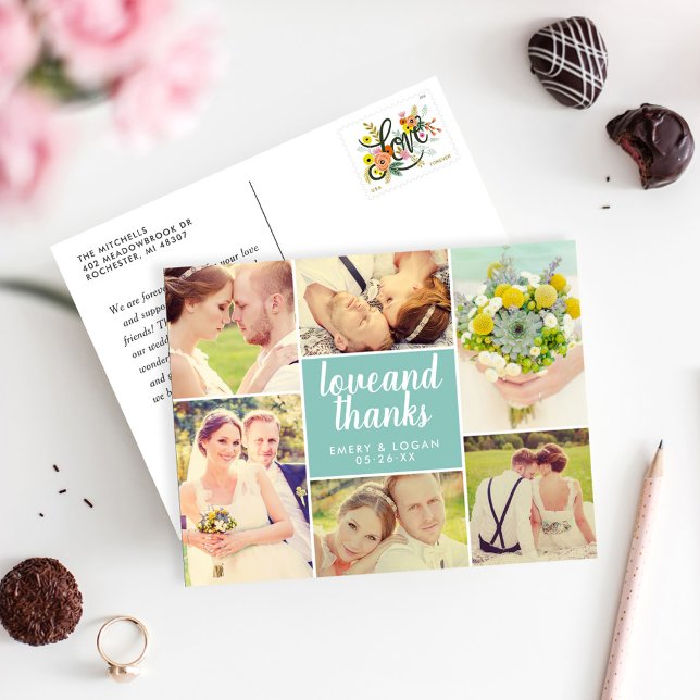 Love and Thanks Aqua Blue Wedding Photo Collage Postcard (Creator Uploaded)