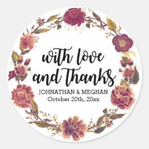Love and Thanks Autumn Wreath Wedding Favour Classic Round Sticker