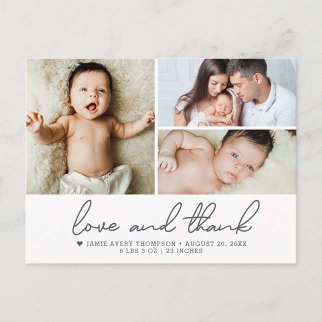 Love and Thanks Baby 3 Photos birth announcement Postcard (Front)