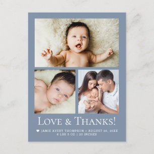 Love and Thanks Baby Photo Birth announcement Blue Postcard