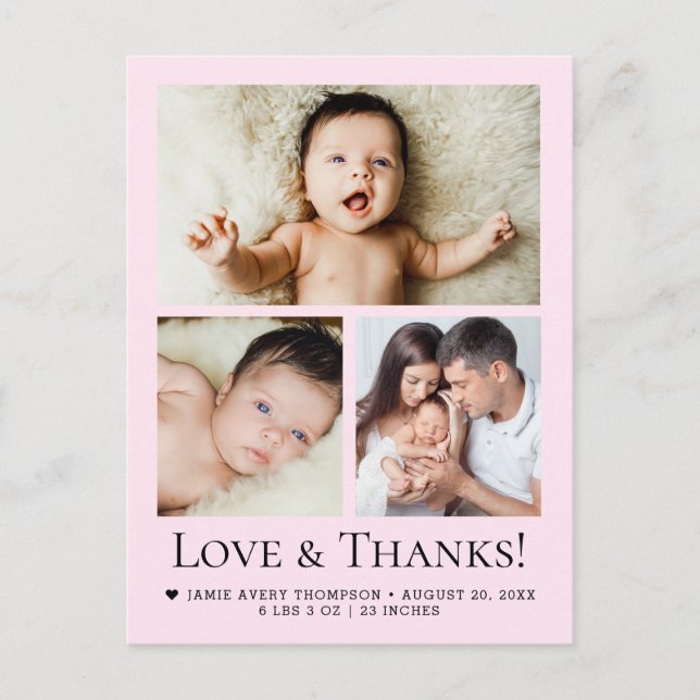 Love and Thanks Baby Photo Birth announcement pink Postcard (Front)
