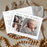 Love and Thanks Baby Photo Birth Announcement Postcard<br><div class="desc">A sweet 3 photo collage birth announcement and thank you note card featuring a simple modern type and 3 pictures on the front. The back is a mailable postcard with a large full name header and personal message from the family. Click the edit button to customise this design with your...</div>