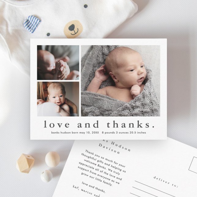 Love and Thanks Baby Photo Birth Announcement Postcard (Creator Uploaded)