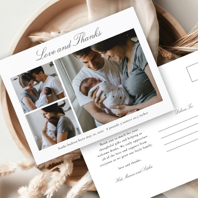 Love and Thanks Baby Photo Birth Announcement Postcard (Elegant script love and thanks baby announcement thank you postcard.)