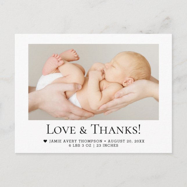 Love and Thanks Baby Photo Birth announcement Postcard (Front)