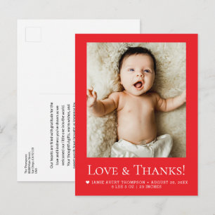 Love and Thanks Baby Photo Birth announcement RED Postcard