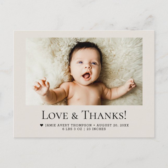 Love and Thanks Baby Photo Birth Stats Soft Beige Postcard (Front)