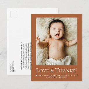 Love and Thanks Baby Photo Birth terracotta Postcard