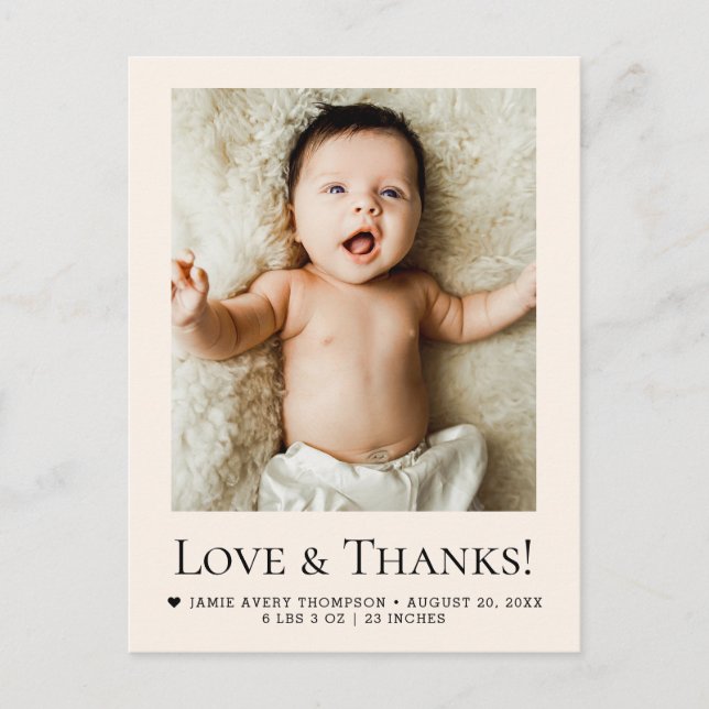 Love and Thanks Beige Baby Photo Birth Postcard (Front)