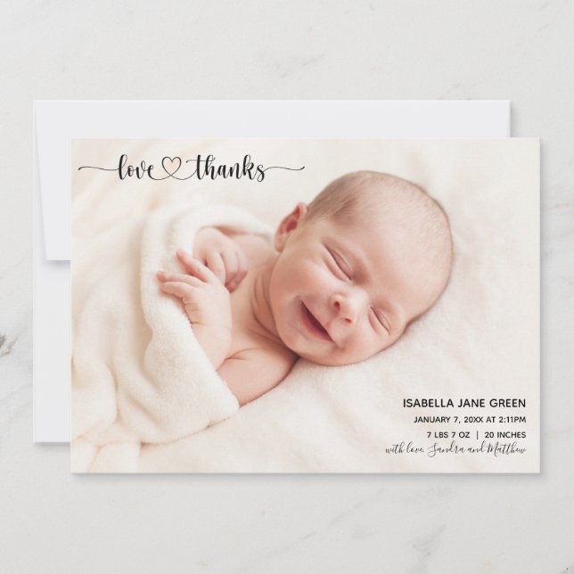 Love and Thanks Birth Announcement Photo Card (Front)