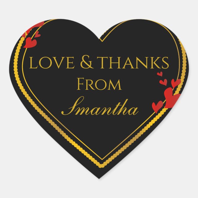 Love and Thanks Black and Gold Faux Foil Thank You Heart Sticker (Front)