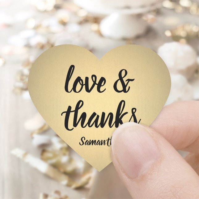 Love and Thanks Black and Gold Faux Foil Thank You Heart Sticker (Creator Uploaded)