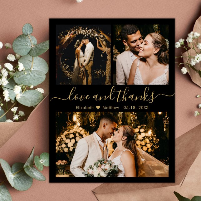Love and Thanks Black and Gold Wedding Thank You (Creator Uploaded)