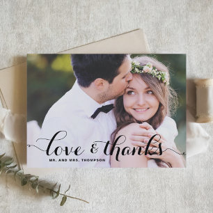 Love and Thanks Black Calligraphy Photo Wedding Thank You Card