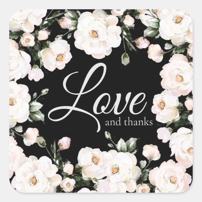 Love and Thanks Black Elegant White Roses Wedding Square Sticker (Front)