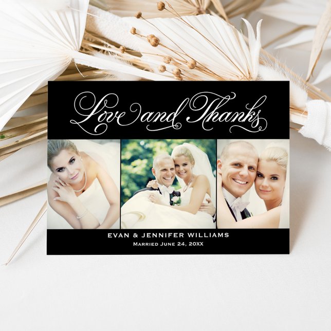 Love and Thanks Black Script Wedding Photo Collage Thank You Card (Creator Uploaded)