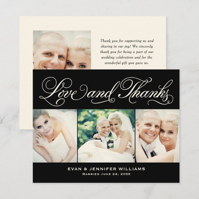Love and Thanks Black Wedding Photo Thank You Card (Front/Back)