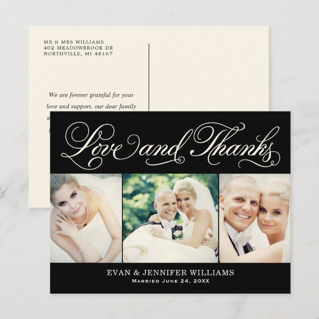 Love and Thanks Black Wedding Photo Thank You Postcard (Front/Back)
