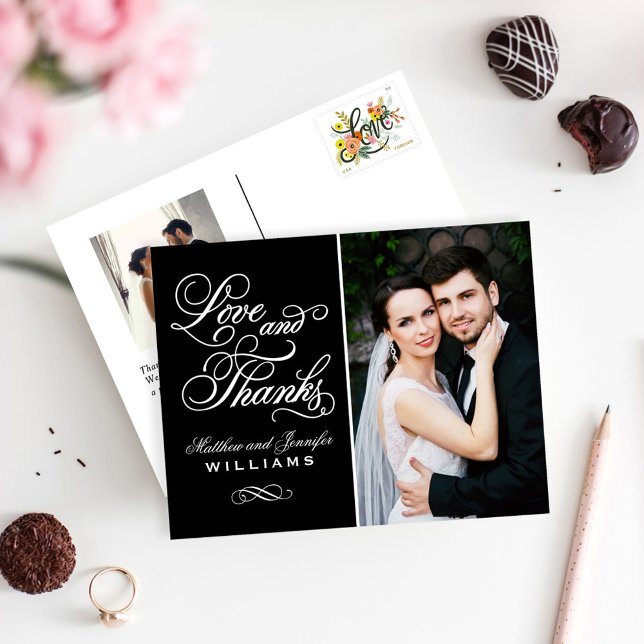 Love and Thanks Black Wedding Photo Thank You Postcard (Creator Uploaded)