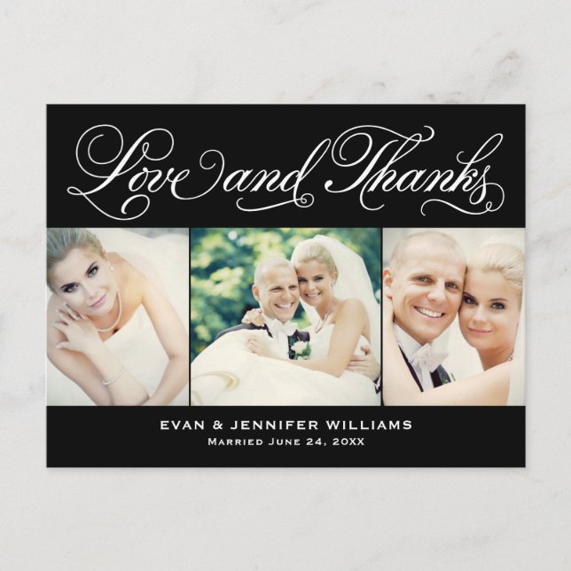 Love and Thanks Black Wedding Photo Thank You Postcard (Front)
