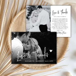 Love and Thanks Black White 2 Photo Script Wedding Thank You Card