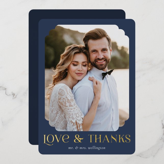 Love and Thanks Blue Gold Wedding Thank You Card (Front/Back)