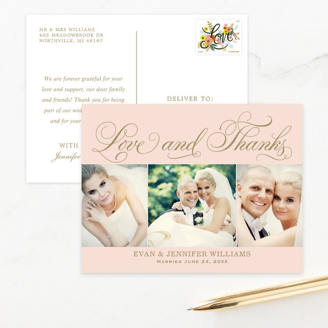 Love and Thanks Blush Gold Photo Wedding Thank You Postcard (Creator Uploaded)