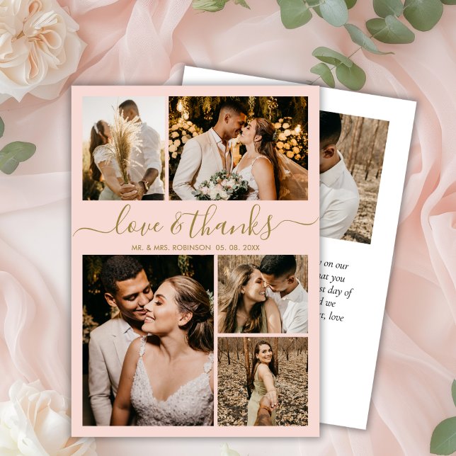 Love and Thanks Blush Photo Collage Wedding Thank You Card (Creator Uploaded)