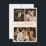 Love and Thanks Blush Pink Gold Wedding Thank You<br><div class="desc">Elegant, Modern Blush Pink and Gold Hand Lettered Wedding Photo Collage Thank You Card. Stylish wedding thank you card template featuring three photo on the front and one photo on the back. With the text "Love and thanks" in a swirly hand lettered typography script font in gold colour on light...</div>