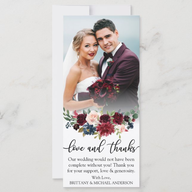 Love and Thanks Burgundy Blue Floral Wedding Card (Front)