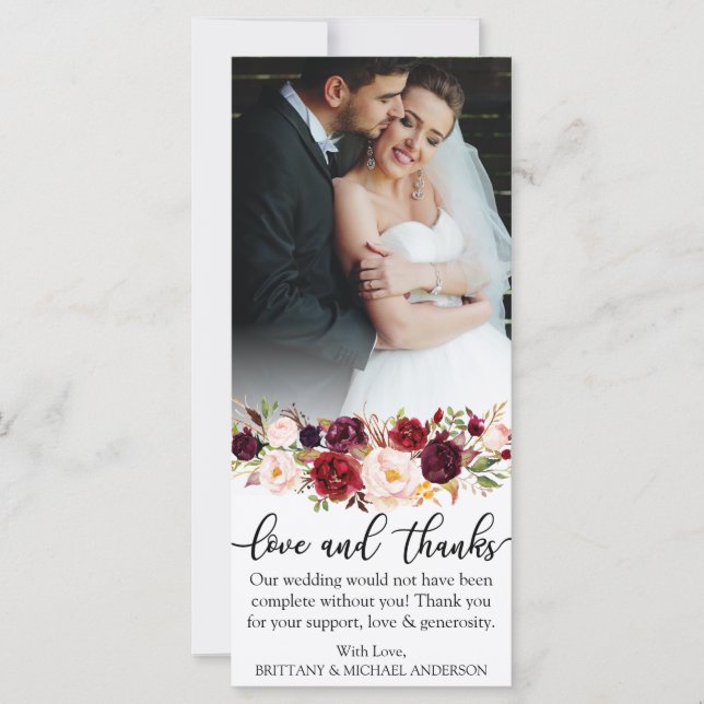 Love and Thanks Burgundy Floral Wedding Photo Card (Front)