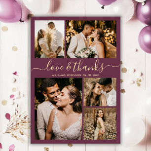 Love and Thanks Burgundy Photo Collage Wedding Thank You Card
