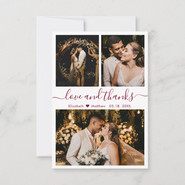 Love and Thanks Burgundy Script Wedding Photo Thank You Card (Front)