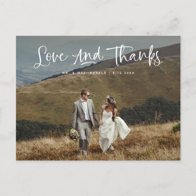 Love and Thanks | Casual Photo Wedding Thank You Postcard (Front)