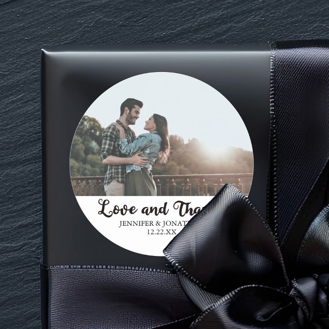 Love and Thanks Couple Photo Chic Wedding Classic Round Sticker (Creator Uploaded)