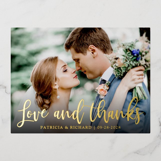 Love And Thanks Cute Wedding Thank You Photo Foil Holiday Postcard (Front)
