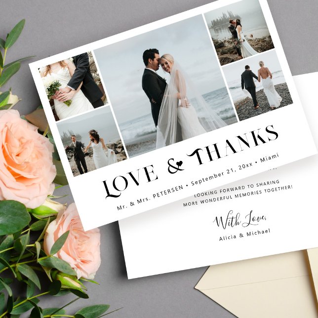 Love and thanks elegant 5 photo collage wedding thank you card (Creator Uploaded)