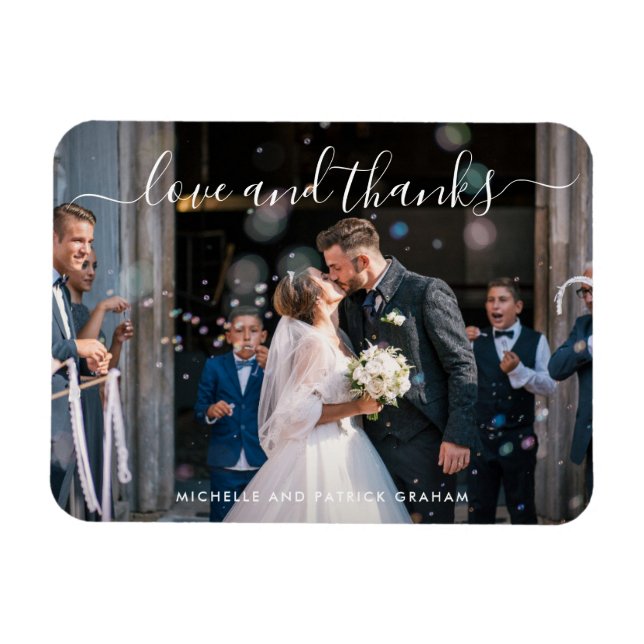 Love and Thanks Elegant Script Photo Wedding Magnet (Horizontal)
