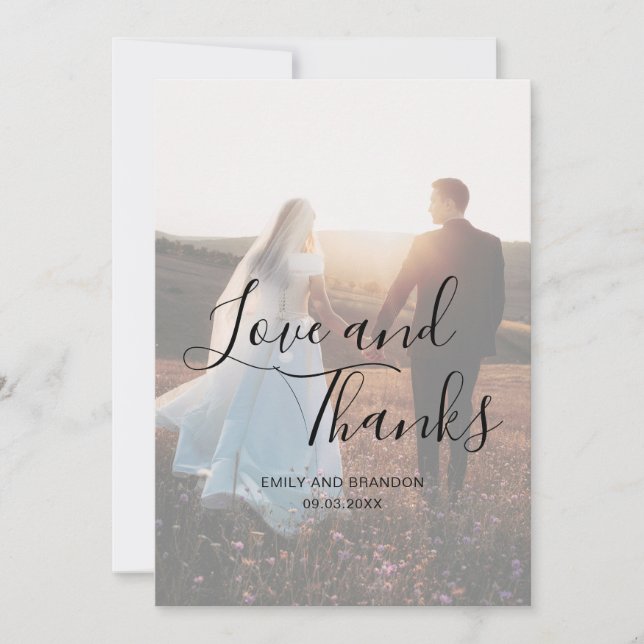 Love and Thanks Elegant Script Photo Wedding Thank You Card (Front)
