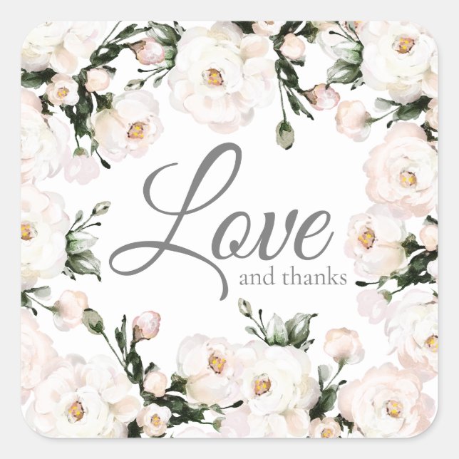 Love and Thanks Elegant White Roses Wedding Square Sticker (Front)