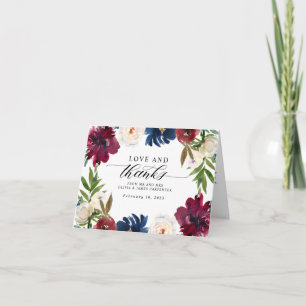 Love and Thanks Floral Navy Blue Burgundy Wedding Thank You Card