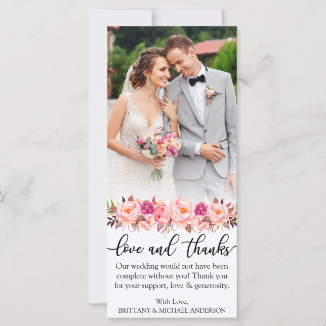 Love and Thanks Floral Pink Wedding Photo Card (Front)