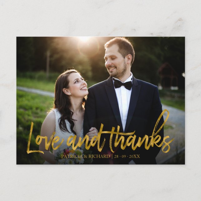 Love And Thanks Gold Foil Wedding Thank You Photo Postcard (Front)