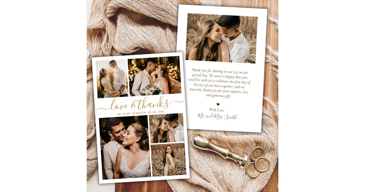 Love and Thanks Gold Script Photo Collage Wedding Thank You Card | Zazzle