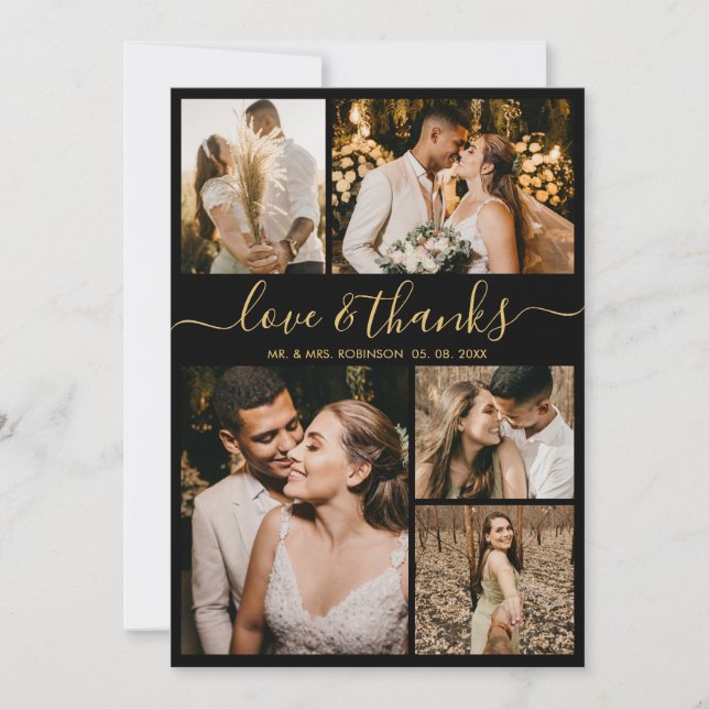 Love and Thanks Gold Script Photo Collage Wedding  Thank You Card (Front)