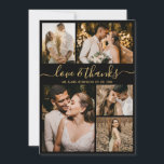 Love and Thanks Gold Script Photo Collage Wedding  Thank You Card<br><div class="desc">Elegant Script Gold and Black Wedding Photo Collage Thank You Cards. Modern, minimal wedding thank you card template featuring five (5) photo on the front and one (1) photo on the back. With the text "Love and thanks" in a beautiful hand lettering typography script font in gold on black background....</div>