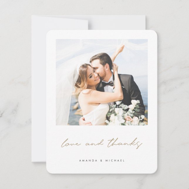 Love and Thanks Gold Wedding Photo Thank You Card (Front)