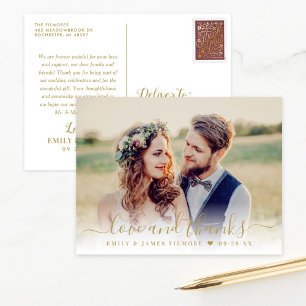 Love and Thanks Gold Wedding Photo Thank You Postcard