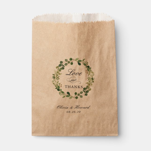 Love and Thanks Greenery Leaves Wreath Wedding Favour Bags (Front)