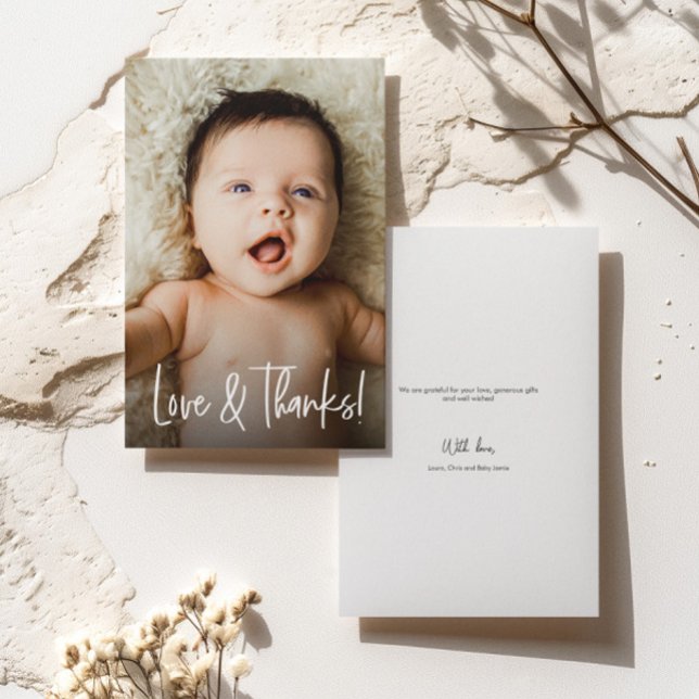 Love and Thanks Handlettering Custom Baby Photo Thank You Card (Love and thanks baby shower thank you flat card.)